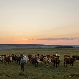 a lone rancher desperately trying to corral a huge herd of cattle that are scattering, a beautiful landscape at sunset, by Edward Hopper