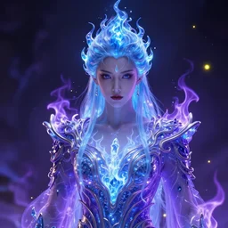 portrait, god of fire in ornate clothes, quartz, translucent blue, purple fire, fireflies, glow, very detailed, realistic, cimematic lighting, accent lighting, octane render, greg rutkowski, lois van baarle, terese nielsen, ayami kojima, 1 6 k, character illustration