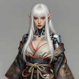 extremely beautiful!!! hyper - realistic woman resembling natalie portman with elf ears, white hair, long bangs, red eyes, tattoos | cyberpunk, android, robot girl, ( ( ( geisha ) ) ) wearing open kimono with large rope tied around her waist | intricate, highly detailed, digital painting, character design, concept art, illustration, artstation | drawn by wlop, drawn by jeehyung lee, drawn by artgerm