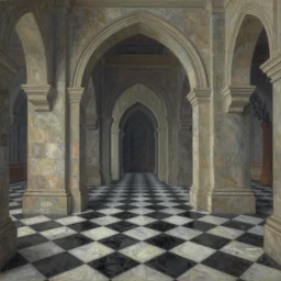 a beautiful painting by stone fantasy arch on a black and white checkered ground inside the palace, artstation, brian kesinger,