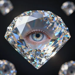 close-up floating diamond with an eye in every reflection, ethereal, octane render, trending on artstation, sci-fi, award-winning cinematography, chromatic aberation, caustics, very crisp, beautiful, contrast, 8K, 4K, HDR