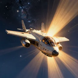 the spaceship over the starry sky,concept art, digital painting, style of jordan grimmer, warm lighting, futuristic, volumetric lighting, view from below, vivid colours, bright, nighttime, godrays, high detail