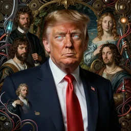 Donald Trump, piercing glowing eyes, elegant, fashion, vogue poses, striking composition, highly detailed ornate sci fi background, vivid details, amalgamation of nature and technology, wires, glowing tubes, beautiful composition, painting in the style of sandro botticelli, caravaggio, albrecth durer, 8k