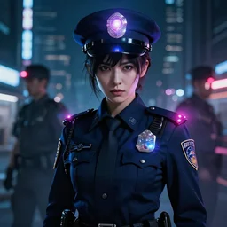 photo portrait of a menacing female japanese police, future tokyo, glowing police lights!, high detail, intricate detail, golden ratio, cinematic lighting, ghost in the shell, night, by sachin teng and sergey kolesov and ruan jia and heng z and wlop. beautiful,, scifi, fantasy, hyper detailed. octane render. concept art. trending on artstation