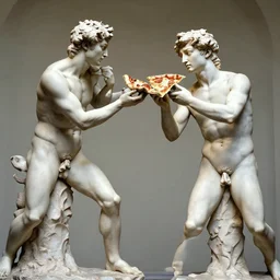 two men fighting over the last piece of pizza, sculpture by rodin and michaelangelo