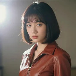 youthful asian blade runner demure, exquisite features, feminine cut, 1 9 7 0's frontiers in flight leather suit, diffuse lighting, anamorphic lens flare