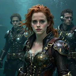 underwater steampunk pirate biopunk portrait of emma watson, hyper detailed, digital art, cinematic lighting, studio quality, smooth render, unreal engine 5, octane rendered, art style by klimt and nixeu and ian sprigger and wlop and krenz cushart.