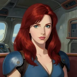 close portrait. ship interior bg. screenshot of a scene in metroid zero of christina hendricks as samus aran painted by norman rockwell. character designed by hideaki anno. deep red hair. digital. lighting by james gurney. trending on artstation. masterpiece. artgerm alphonso mucha greg rutkowski.