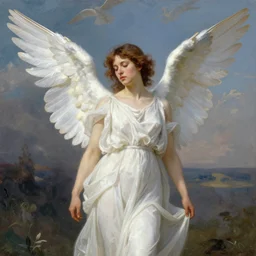 An angel losing their wings calmly in the style of John William Waterhouse