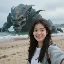 Professional photograph, A smiling girl takes a selfie on the beach. Behind her lies an eerie, gigantic creature.