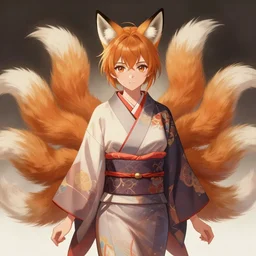 A beautiful digital painting of a beautiful young woman with fox ears and nine tails wearing a kimono, anime, visualartzi, Janapese, concept art by Karla Ortiz, James Paick, Charlie Bowater, Krenz Cushart, trending on artstation, cgstudio