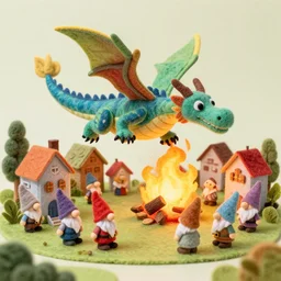 diorama of felt dragon burning down a village of smiling gnomes, colorful, vibrant, felt, craft, cute, creative, hd photo