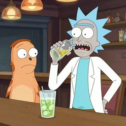 Fred Flinstone getting drunk with Rick and Morty at a bar called cheers
