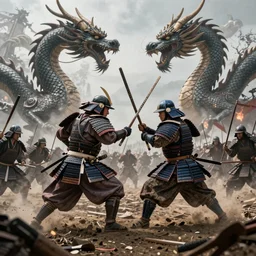 a close up shot of the most epic samurai battle in history. Ancient dragons slaughtering samurai. Two samurai dueling, many dead with Sashimono. Greg rutkowski legendary matte painting.. 4k, particles light,