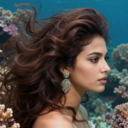 song of the billowing coral reef, detailed beauty side - portrait, chocolate, opulent swirling hair swirling seaweed, iridescent jewellery, face in focus, organic background, art by wlop, peter morebacher, greg rutkowski, craig mullins, ruan jia, thomas kinkade, victor ngai, ernst haeckel, alphonse mucha, gustav klimt, unreal
