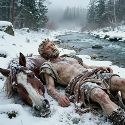 1 9 6 0 s movie still close up of marcus aurelius frozen to death under the snow, a horse carcass frozen under the snow by the side of a river with gravel, pine forests, cinestill 8 0 0 t 3 5 mm, high quality, heavy grain, high detail, texture, dramatic light, anamorphic, hyperrealistic, detailed hair, foggy