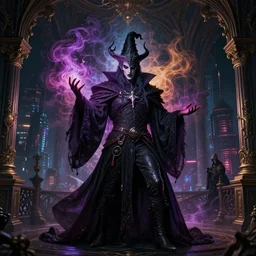 high fashion, beautiful portrait, evil powerful wizard mage, intricate colorful cosmic uncontrollable smoke magic, bloodborne, skyrim, witcher, rococo baroque gothic victorian interior cyberpunk city vista, artstation, tyle of artgerm, andreas rocha, hiroshi nagai