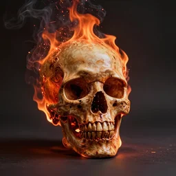 studio photographic portrait of a skull on flames, burning red hot sparks rise, fiery orange glowing flying particles, ornate, shadow, smoke, intricate digital art, abstract art, realistic photo, sharp focus, high resolution, high quality, dramatic lighting, masterpiece, artgem, trending on artstation