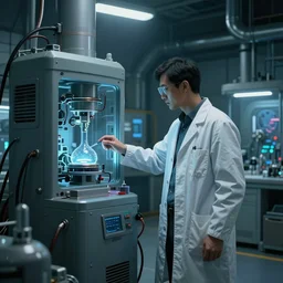 a secret underground science lab, a scientist standing near a machine, weirdcore, photorealistic, cyberpunk, digital art, detailed, artstation hq