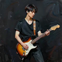 abstract large swirly brush strokes painting of a young korean man wearing stylish black v neck t shirt holding a telecaster!!! electric guitar!!, candid!! dark background, huge thick flowing dramatic brush strokes, matte colors, abstract, impressionist, motion, trending on artstation