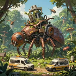 an intricate concept art, illustration, fantasy micro - world of mechanical large insect biomes in the rainforest, camping van, megafauna, ultra photorealistic, ultra sharp, pinterest, artstation, cgsociety, pinterest, digital art, anime colors, style by wlop, hyperrealistic, octane render, 8 k