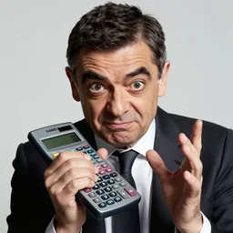 dramatic photo of rowan atkinson as mr bean struggling to use a casio scientific calculator, close up