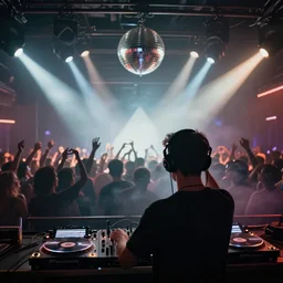 dj on stage spinning records with headphones looking over crowd partying with their hands up at a club, some hands are making heart shapes, volumetric lighting, haze, moving heads light beams, spot lights, disco ball, silhouette, digital art, trending on artstation, 4k, unreal engine, intricate, ornate