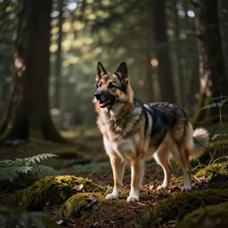 canine werecreature, color photograph captured in the woods