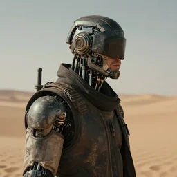 a masked rugged engineer man with cybernetic enhancements lost in the desert, scifi character portrait by greg rutkowski, esuthio, craig mullins, 1 / 4 headshot, cinematic lighting, dystopian scifi gear, gloomy, profile picture, mechanical, half robot, implants, dieselpunk