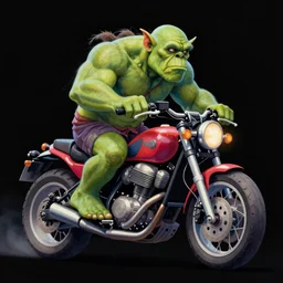 psychedelic airbrush artwork, stylized action shot of an orc riding a motorcycle, clear focused details, soft airbrushed edges and gradients on a black background