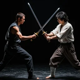 Reggie Fils-Aimé versus Shigeru Miyamoto, swordfight duel, dramatic photography, dramatic lighting, dark background