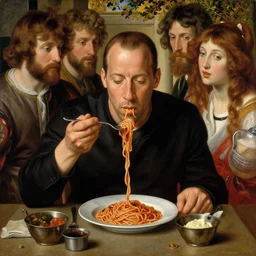 a beautiful painting of vin diesel eating spaghetti by john everett millais and dante gabriel rossetti and john collier and john william waterhouse, preraphaelite, detailed, trending on artstation, hd, masterpiece
