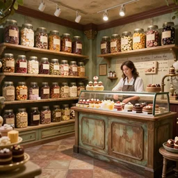 Inside an old sweet shop, large jars on shelves with labels, fantasy vendor interior, wide angle, cinematic, highly detailed, photorealistic, rich bright colors, trending on artstation