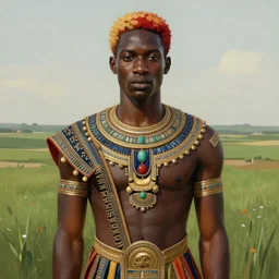 a professionally painted african male model , clothed in ancient suit, dark skin, red gold hair, beautiful bone structure, symmetrical facial features, stunningly beautiful, intricate, elegant, digital painting, smooth, sharp focus, illustration, made by Kehinde Wiley, Kara Walker, Jacob Lawrence, Sam Gilliam, Edmonia Lewis, in a open green field