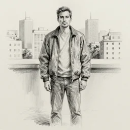 a drawn man in jacket stand in sity. pencil sketch.