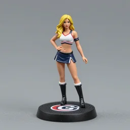80mm resin detailed miniature of a Cheerleader girl, blond hair, stomach, navel, boots, Logo, textured base; Product Introduction Photos, 4K, view from front