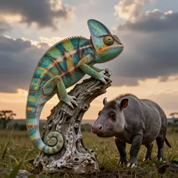 Chameleon and tapir collaborating when crafting a lambda statue, cloudy sunset skies in the background. detailed art by Julie Bell