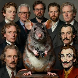 portrait of rat with gun by vito acconci, anni albers, andreas achenbach, frank aurbach, michaelangelo, banksy, greg rutowski, picasso, salvador dali, andy warhol