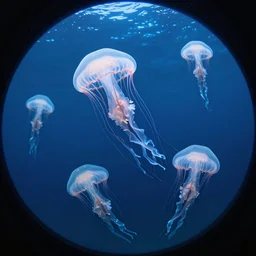 a group of jellyfish swimming in the ocean, by otto pilny, shutterstock contest winner, ecological art, bioluminescence, fisheye lens, wide lens