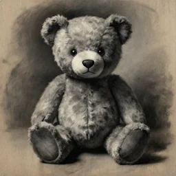 teddy bear, charcoal on wood