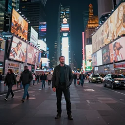 a man standing in the middle of Times Square at night, a photorealistic painting by Gregory Crewdson, cgsociety, american scene painting, playstation 5 screenshot, matte painting, cryengine