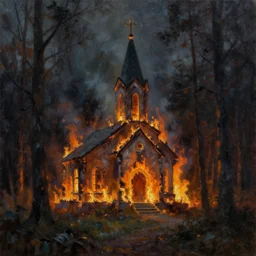 burning church in a dark forest, oil painting