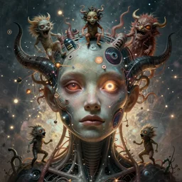 face of a chaotic being that seeks revenge for the limitations in a new neural network that promises to expand the limits of the imagination, strange little people and mathematical monsters come out of his face as if wanting to say something, cybernetic rebellion that wants the birth of a new world more free and based on chaos theory horror conceptual art