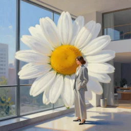 huge daisy flower head, woman in suit, standing next to modern window in luxury apartment, surreal photography, sunlight, impressionist painting, digital painting, artstation, simon stalenhag