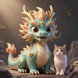 a cute eastern dragon with big eyes and friendly + a cute cat