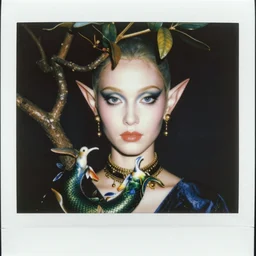 An autochrome instax frame of a elf and mermaid featured in Vogue and GQ editorial fashion photography, beautiful eye, symmetry face, haute couture dressed by Givenchy and Salvatore Ferragamo painted by Andrea Pozzo, in porcelain and metal and lush branch