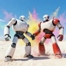 Big robots fight against each other in a white desert with colorful powder explosions in the environment, by Andreas Rocha and Greg Rutkowski, and Martin Johnson Heade, colorful, epic, atmospheric, Titanfall mech, Metal Gear Mech, Warhammer mech, intricate, featured on artstation, golden ratio, f32, well composed, cohesive, 4k resolution