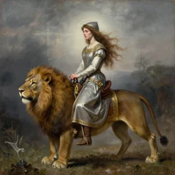 a medieval maiden rides a lion, a painting by john william waterhouse, by John William Godward, by austin osman spare, symbolist painting, mist, volumetric render, digital painting, detailed painting, occult, sharp focus, intrincate details, all inside frame