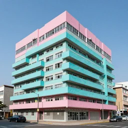 a brutalist building with accents of cyan and pink