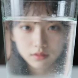 girl's face behind a transparent glass of water, 4 k photo with sony alpha a 7 by unknown photographer.